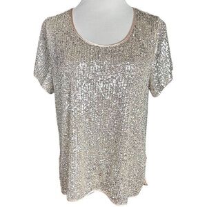 Design History Women's Silver Sequin Blouse M Short Sleeve Party Top